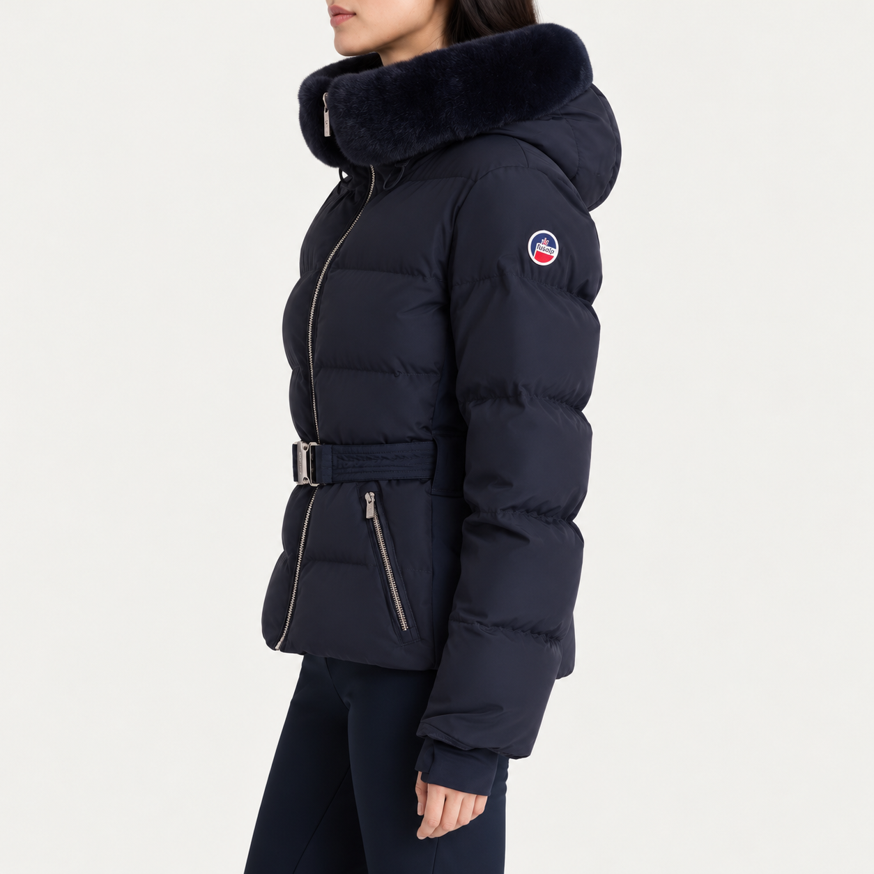 Fusalp women's Delwae Ski Jacket in Navy, side view on model.
