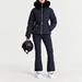 Fusalp women's Delwae Ski Jacket in Navy, full outfit on model holding a ski helmet.