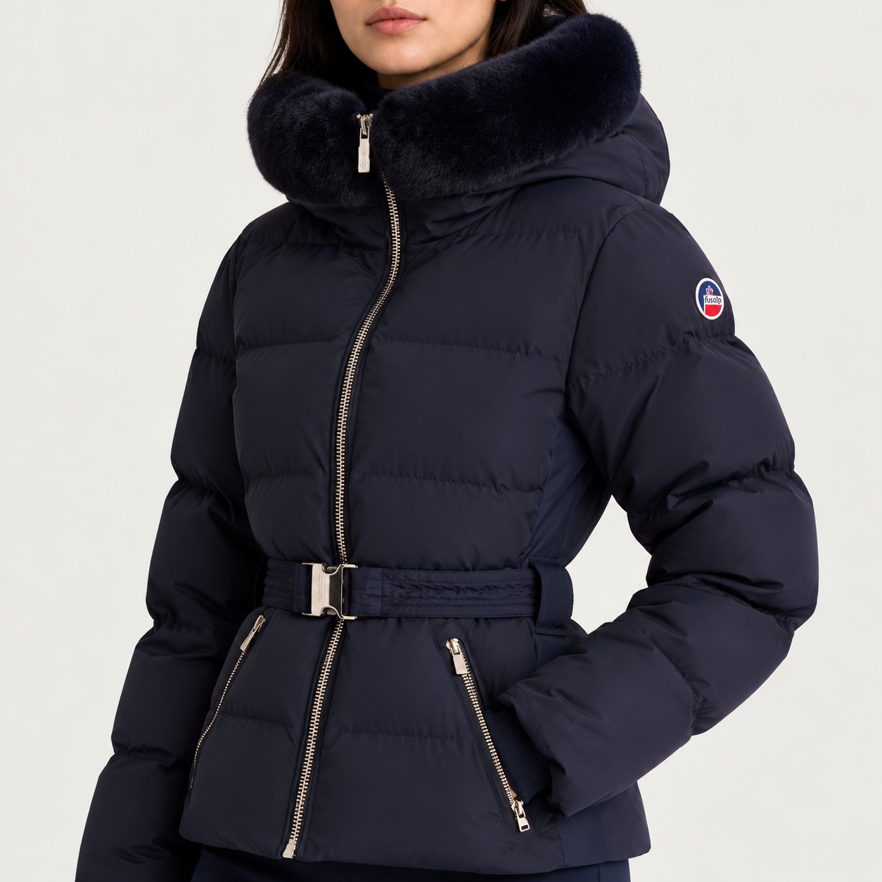 Fusalp women's Delwae Ski Jacket in Navy, close-up of fabric and design.