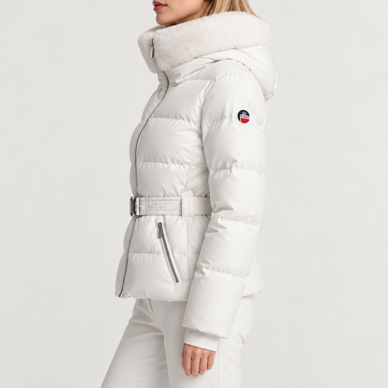 Fusalp women's Delwae Ski Jacket in White, side view on model.