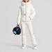 Fusalp women's Delwae Ski Jacket in White, full outfit on model holding a ski helmet.