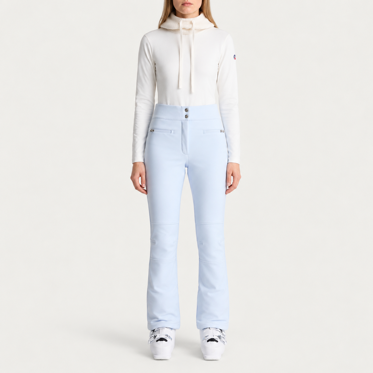 Fusalp women's Diana Ski Pants in Cloud Blue, front view on model.