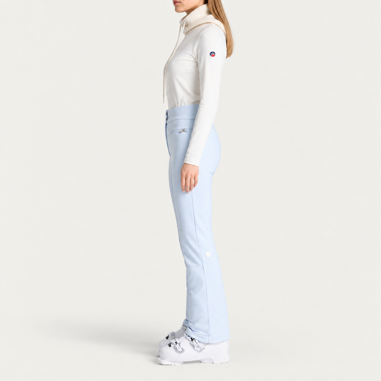 Fusalp women's Diana Ski Pants in Cloud Blue, side view on model.