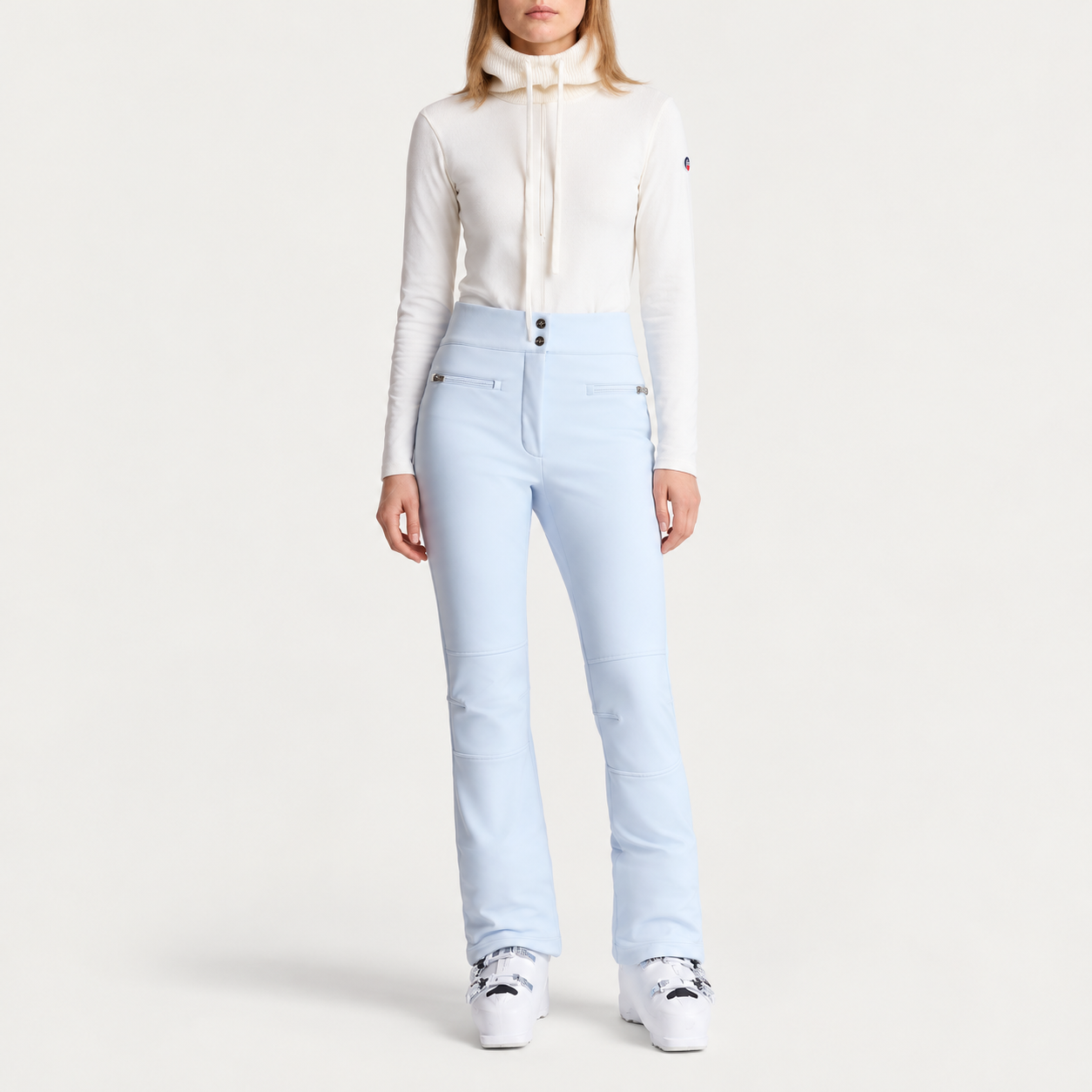 Fusalp women's Diana Ski Pants in Cloud Blue, full outfit on model.