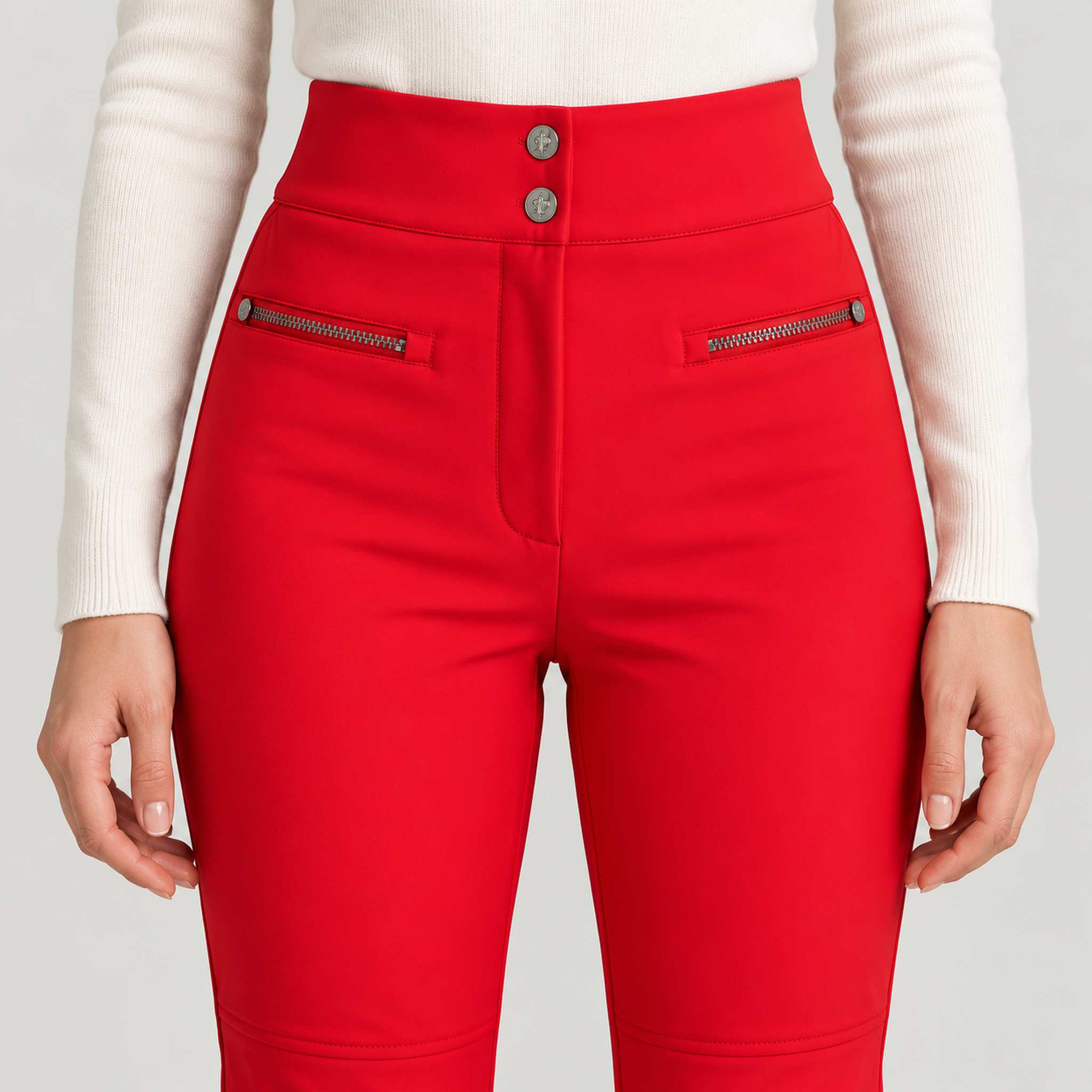 Diana Ski Pants in Racing Red — waist zip detail