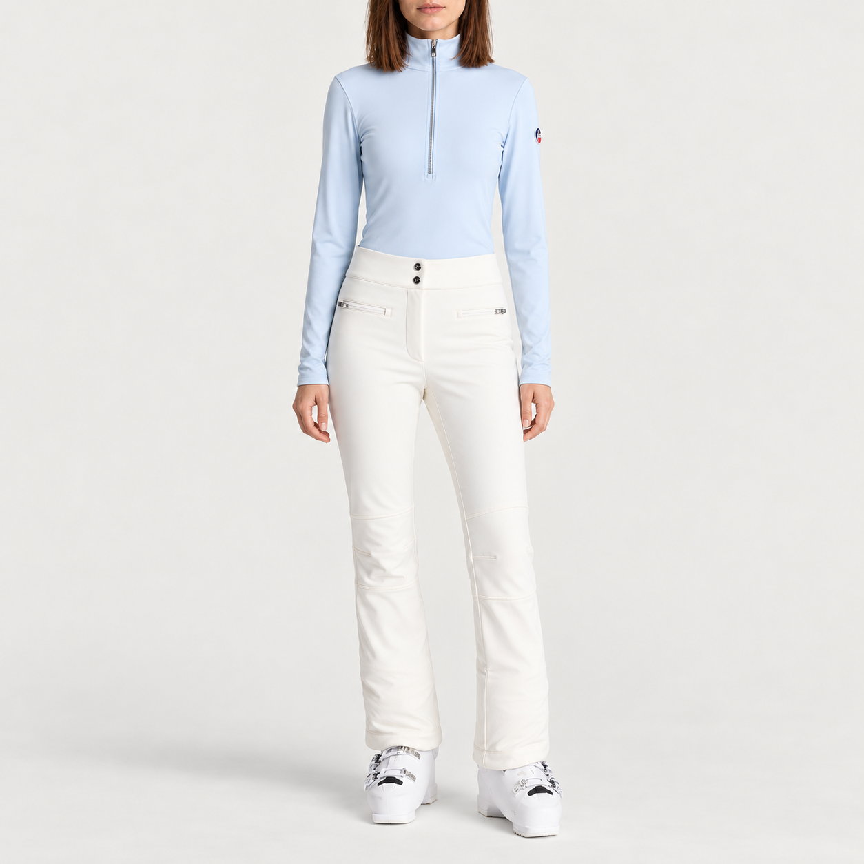 Fusalp women's Gemini V Midlayer in Nuage, full outfit on model.