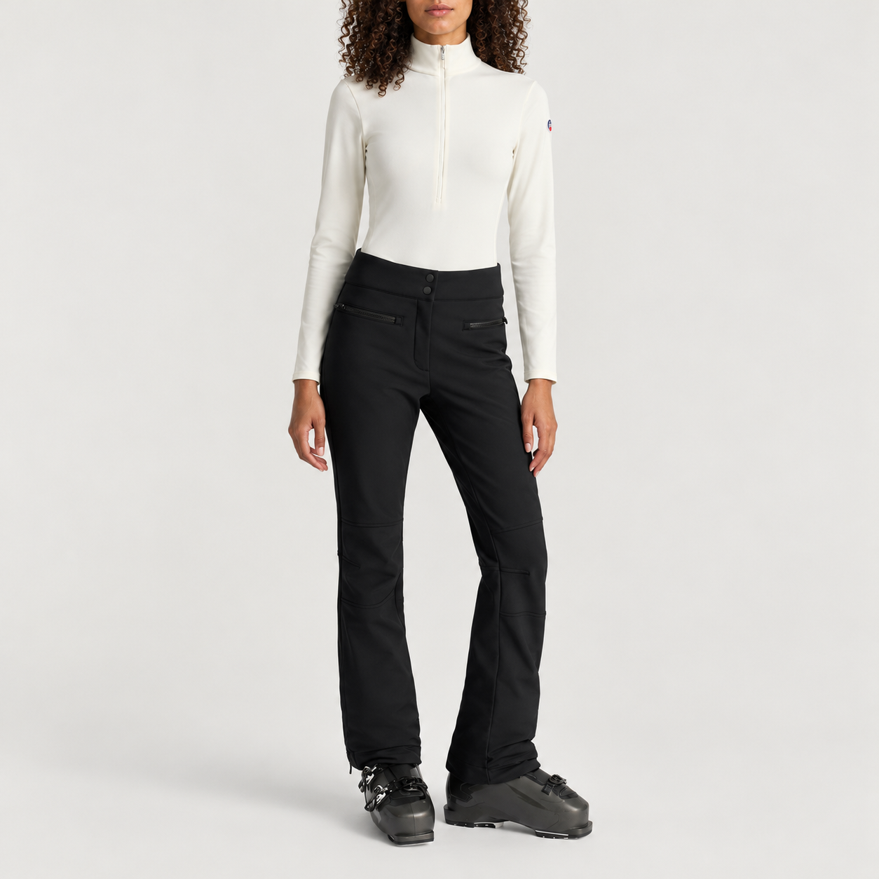 Fusalp women's Gemini V Midlayer in White, full outfit on model.