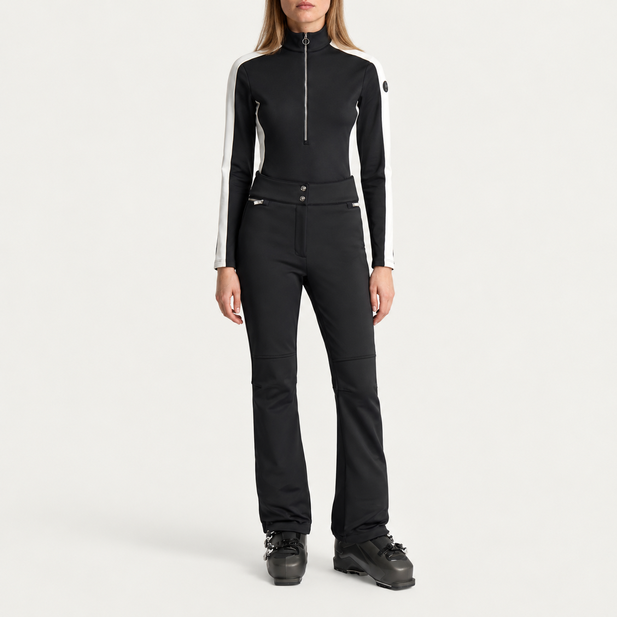 Fusalp women's Negam Midlayer in Black, full outfit on model.