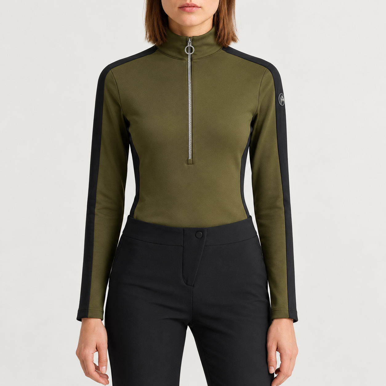 Fusalp women's Negam Midlayer in Moss Green, front view on model.