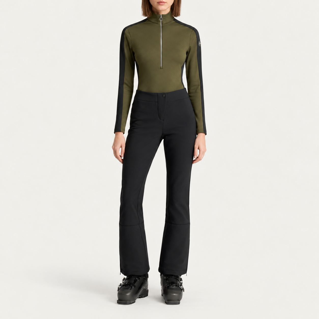 Fusalp women's Negam Midlayer in Moss Green, full outfit on model.