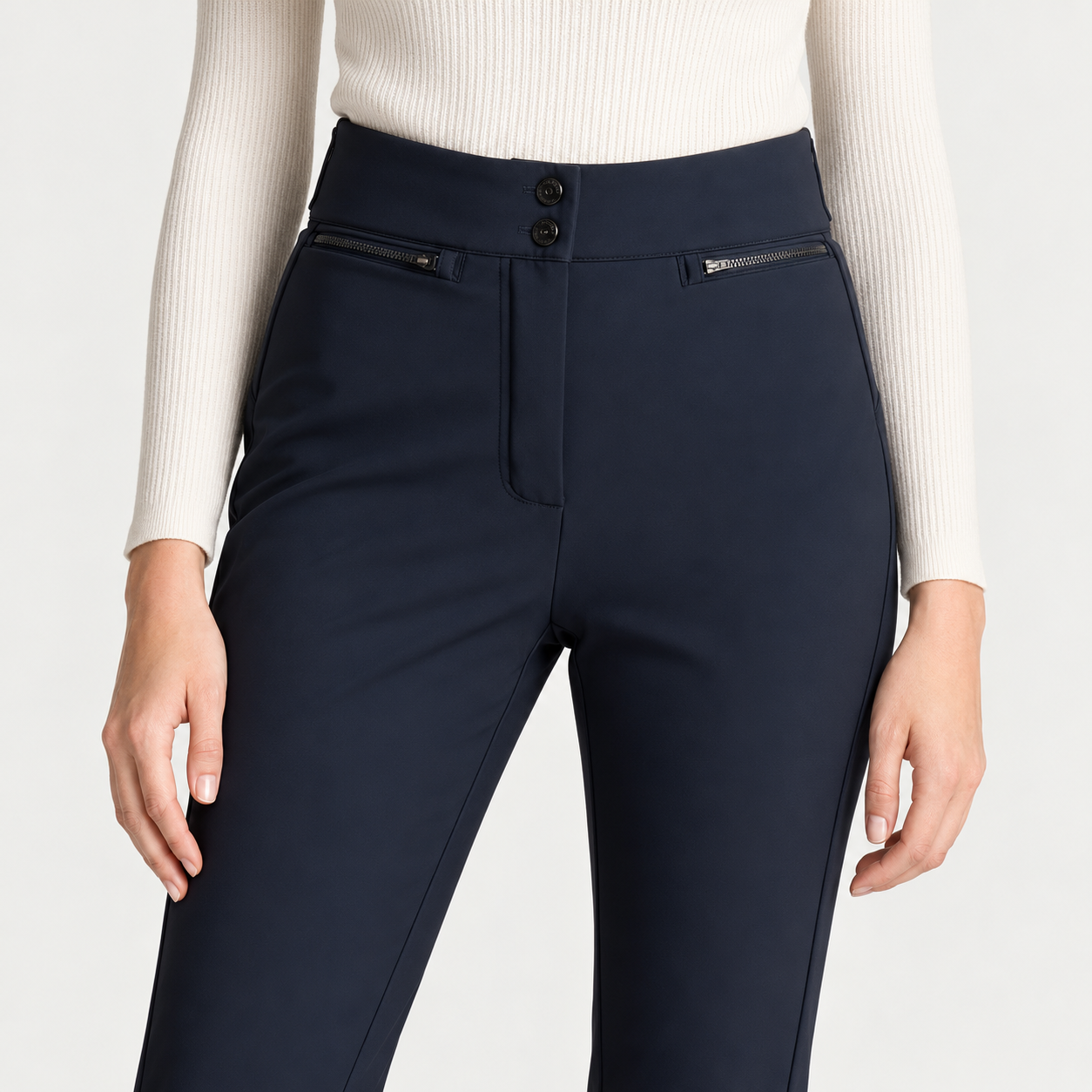 Fusalp women's Pixilae Ski Pants in Navy, close-up of waistband and pocket construction.