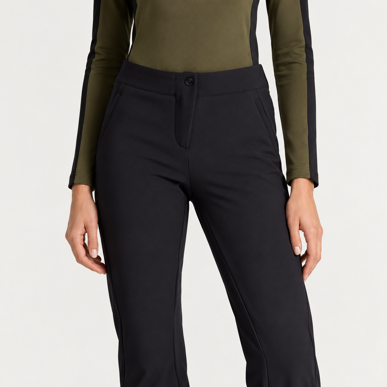 Fusalp women's Tipi III Ski Pants in Black, close-up of waistband and pocket construction.