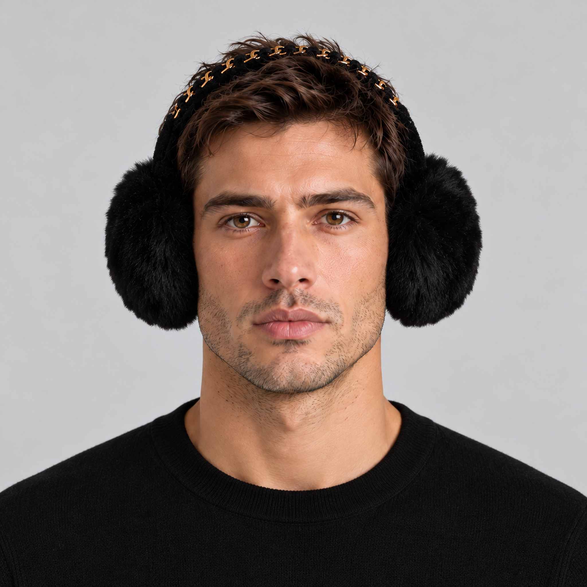 Goldbergh unisex Fluffy Earwarmers in Black (Black) - mens front. AI-generated from manufacturer imagery.