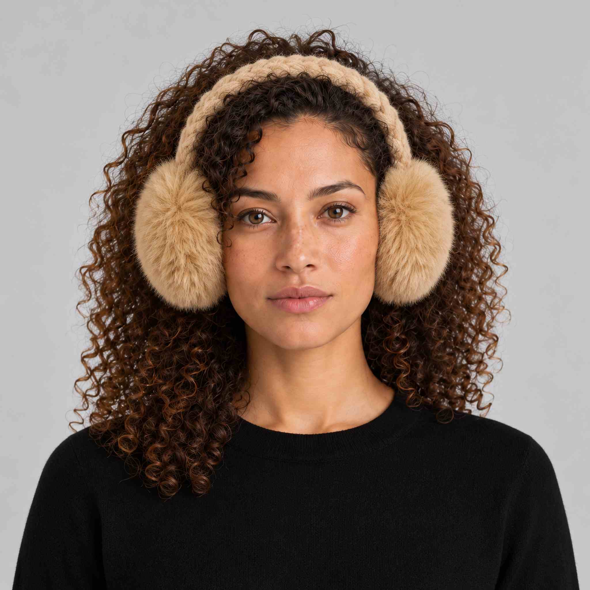 Goldbergh unisex Fluffy Earwarmers in Lark (Lark) - womens front. AI-generated from manufacturer imagery.