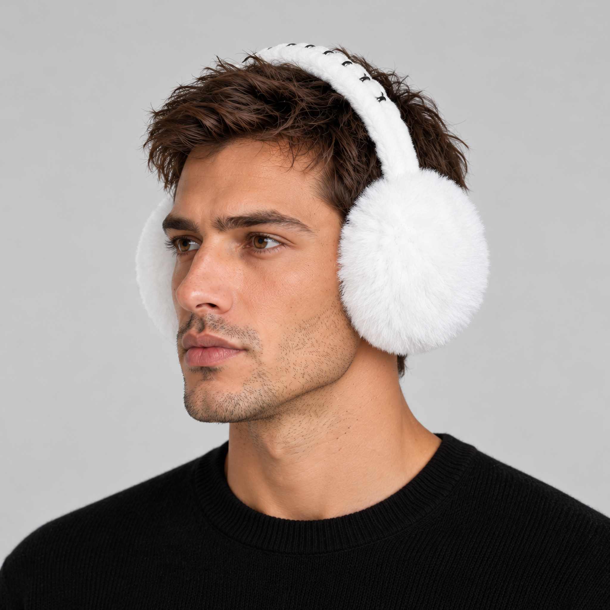 Goldbergh unisex Fluffy Earwarmers in White (Snow White) - mens side. AI-generated from manufacturer imagery.