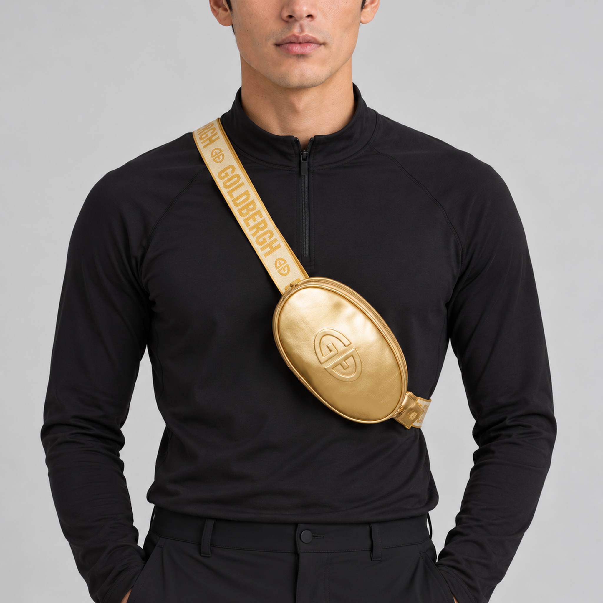Goldbergh Hinata Bum Bag in Rich Gold - mens front. AI-generated from manufacturer imagery.