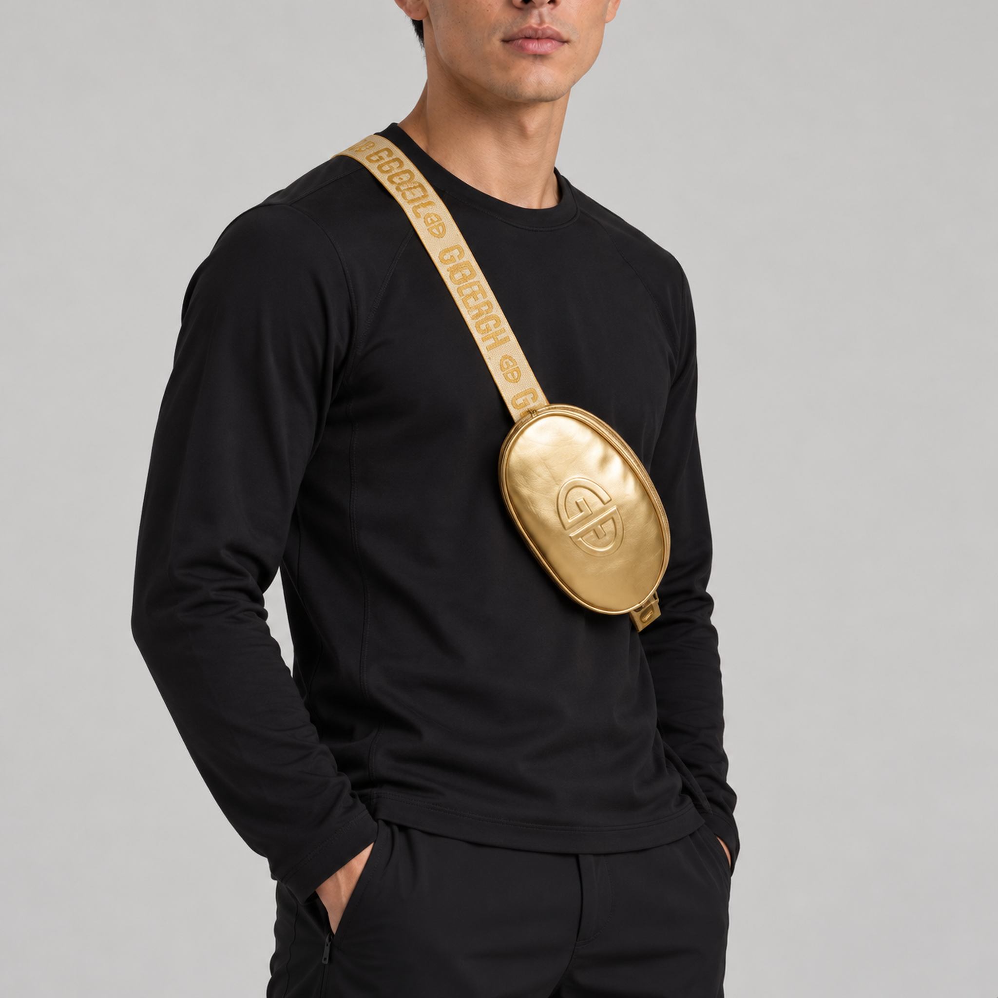 Goldbergh Hinata Bum Bag in Rich Gold - mens side. AI-generated from manufacturer imagery.
