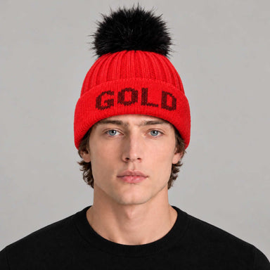 Goldbergh Hodd Beanie in Flame Red in Flame — mens front. AI-generated from manufacturer reference photographs.