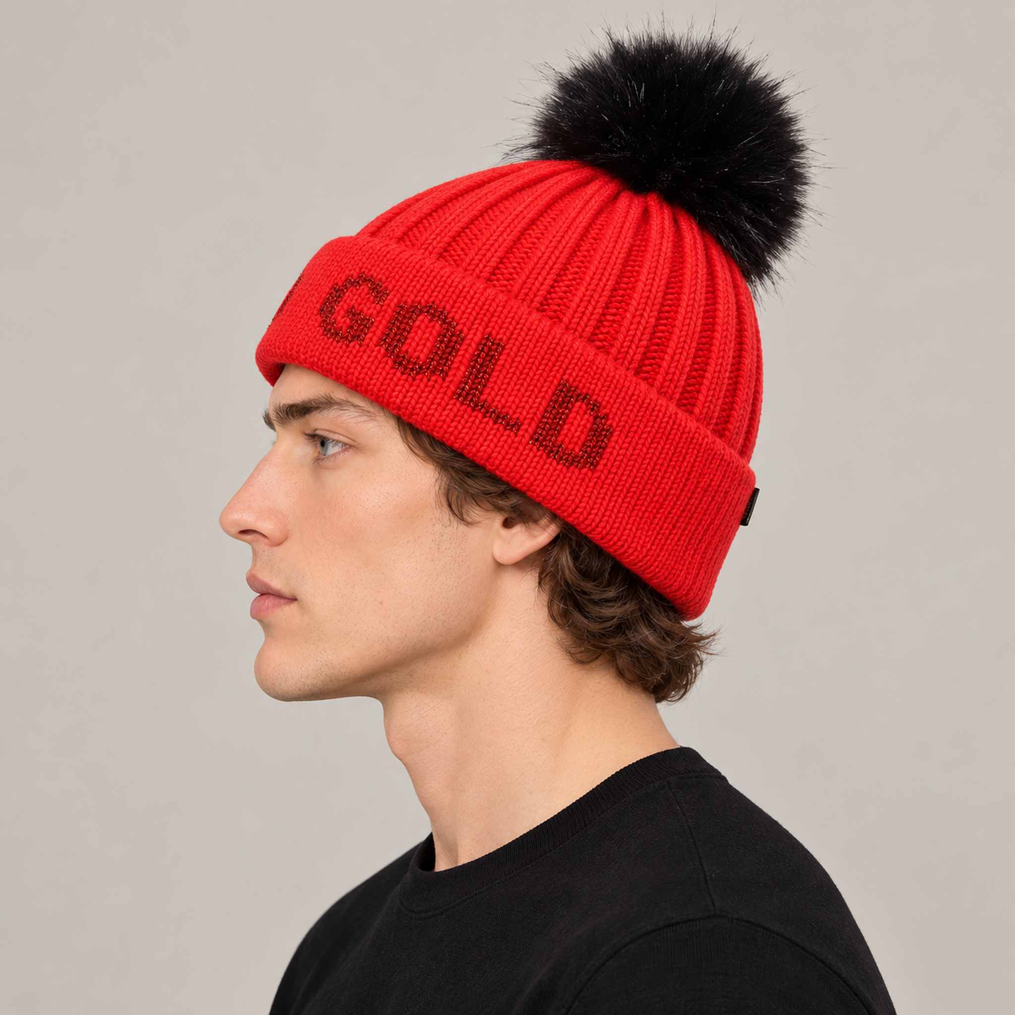 Goldbergh Hodd Beanie in Flame Red in Flame — mens side. AI-generated from manufacturer reference photographs.