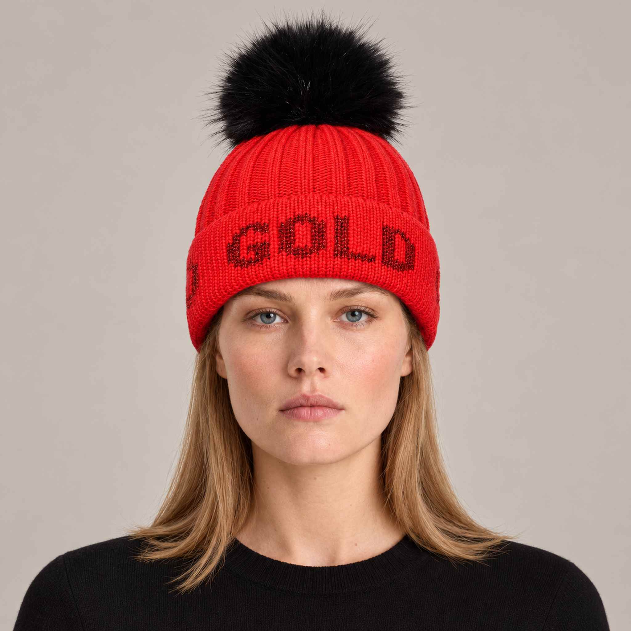 Goldbergh Hodd Beanie in Flame Red in Flame — womens front. AI-generated from manufacturer reference photographs.
