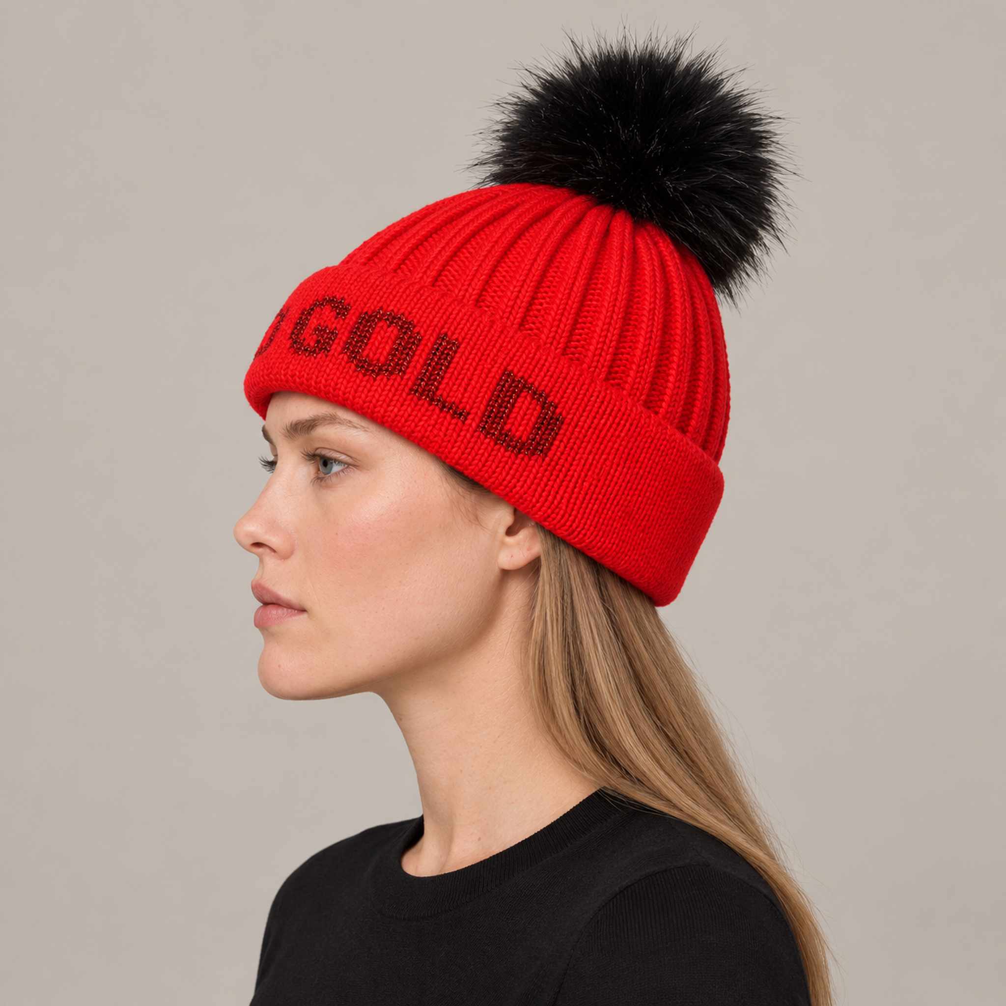 Goldbergh Hodd Beanie in Flame Red in Flame — womens side. AI-generated from manufacturer reference photographs.