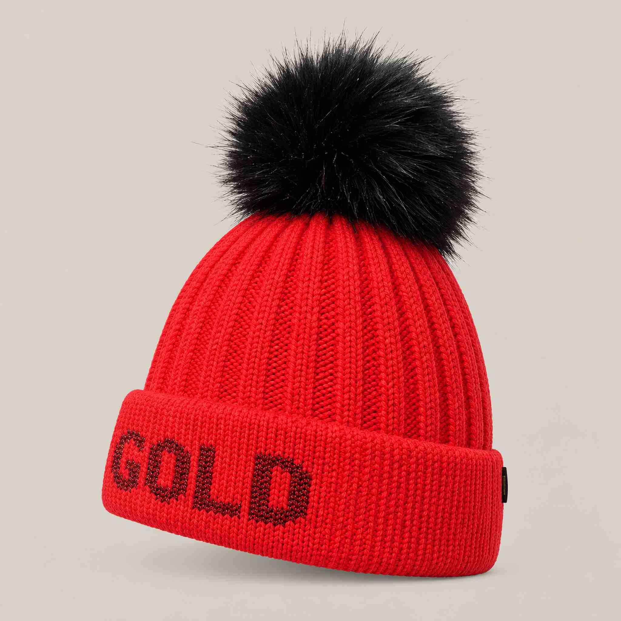 Goldbergh Hodd Beanie in Flame Red in Flame — side. AI-generated from manufacturer reference photographs.