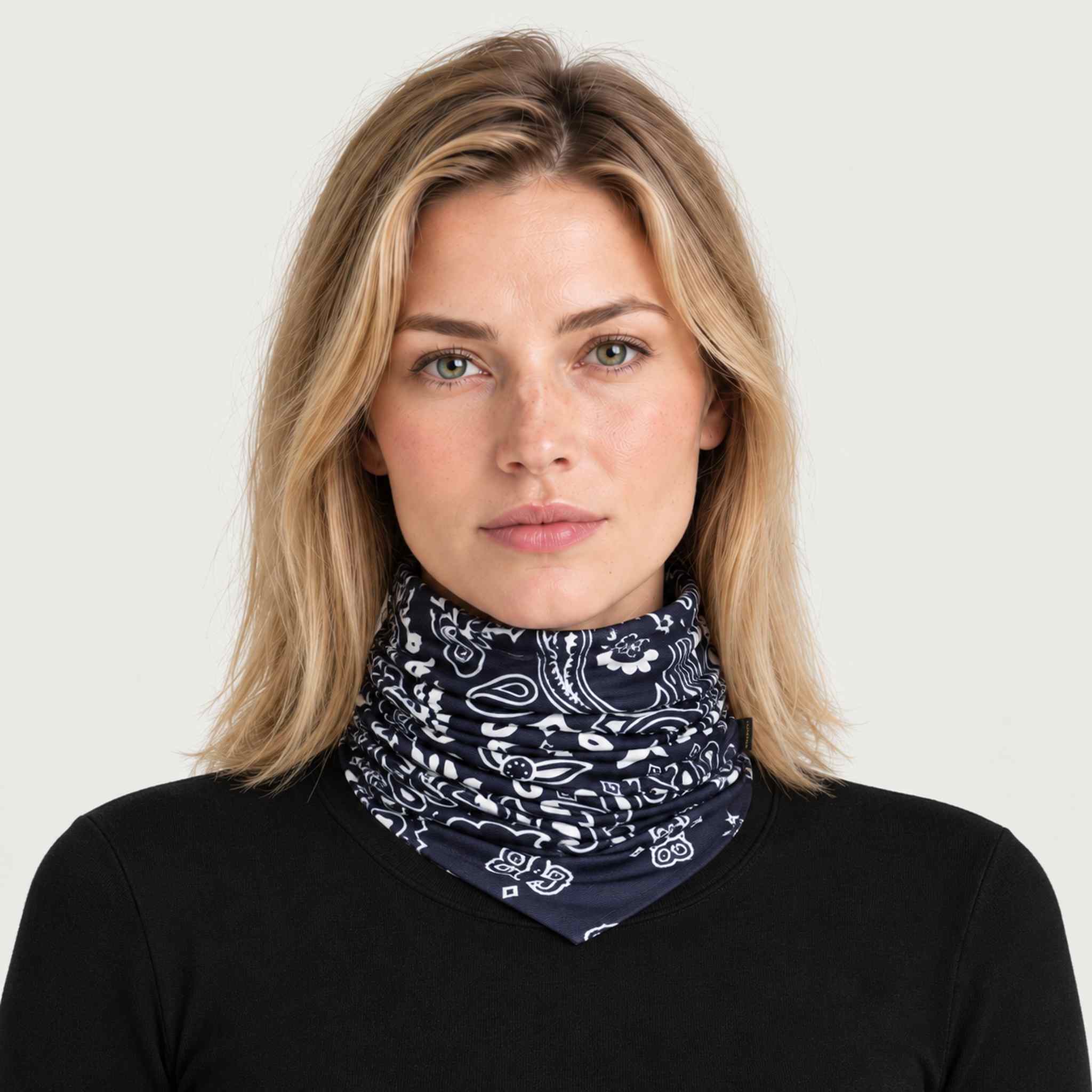 Goldbergh unisex Kizuna Neck Gaiter in Bandana Paisley Blue (Bandana Paisley Blue) - womens front. AI-generated from manufacturer imagery.