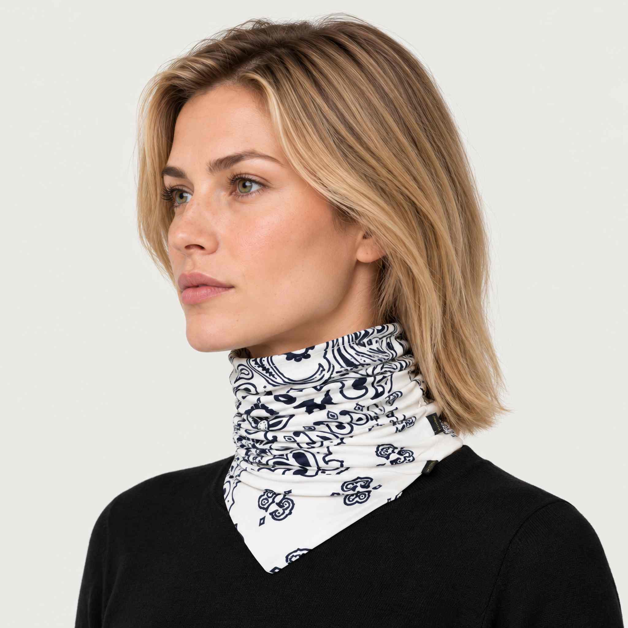 Goldbergh unisex Kizuna Neck Gaiter in Paisley White (Paisley White) - womens side. AI-generated from manufacturer imagery.