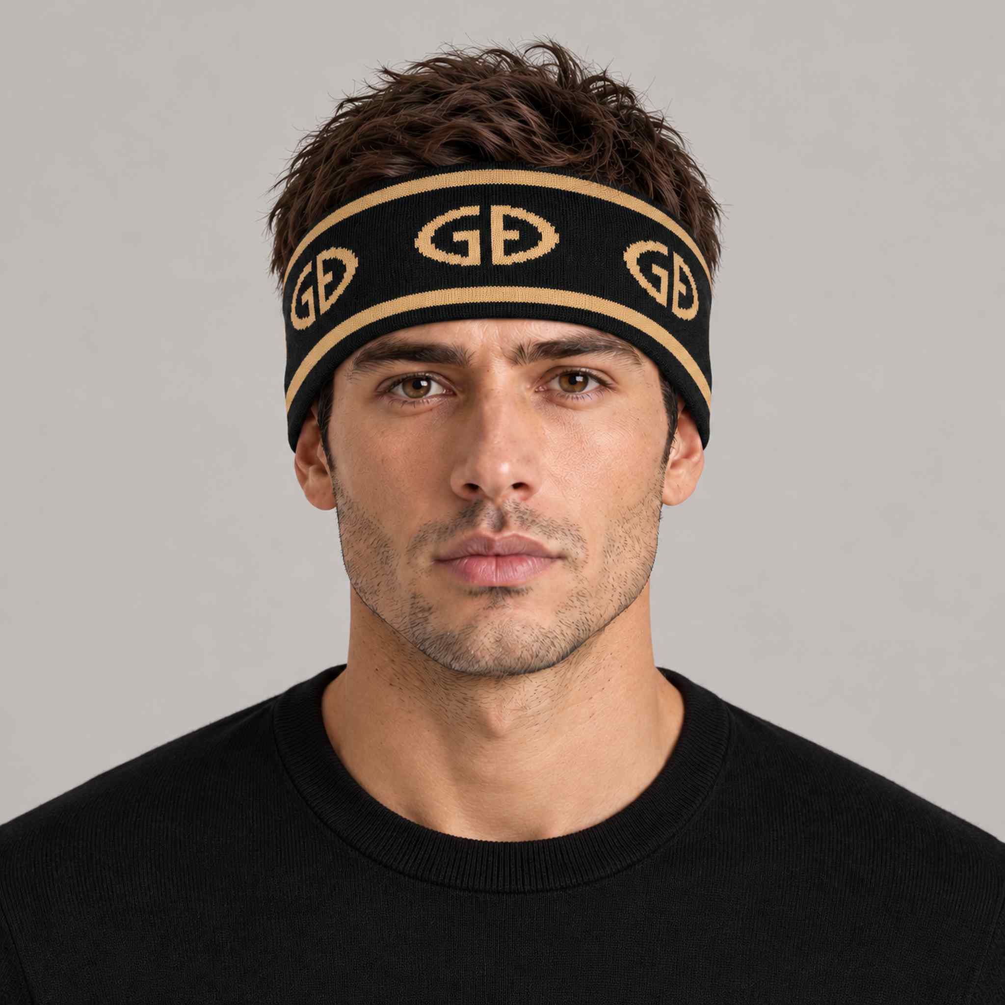Goldbergh Tiara Headband in Black/Gold in Black Gold — mens front. AI-generated from manufacturer reference photographs.