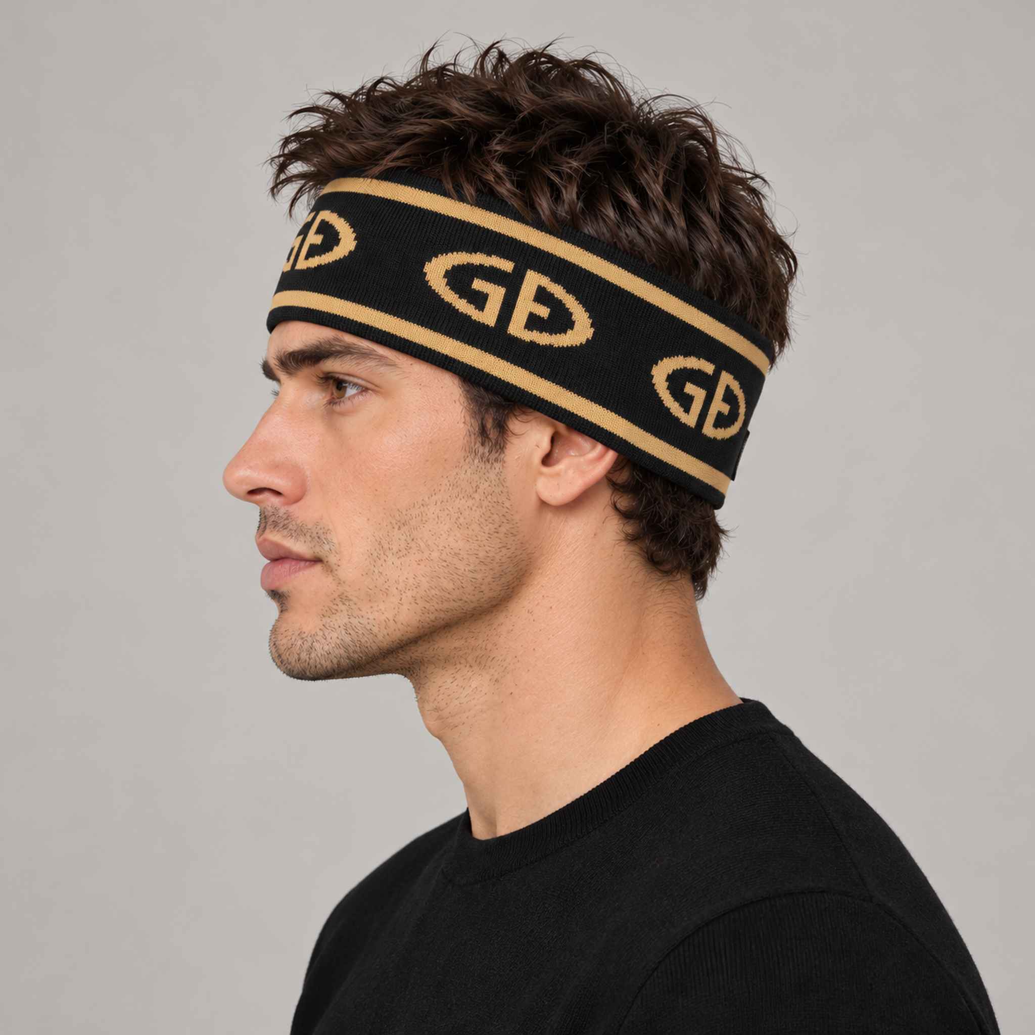 Goldbergh Tiara Headband in Black/Gold in Black Gold — mens side. AI-generated from manufacturer reference photographs.