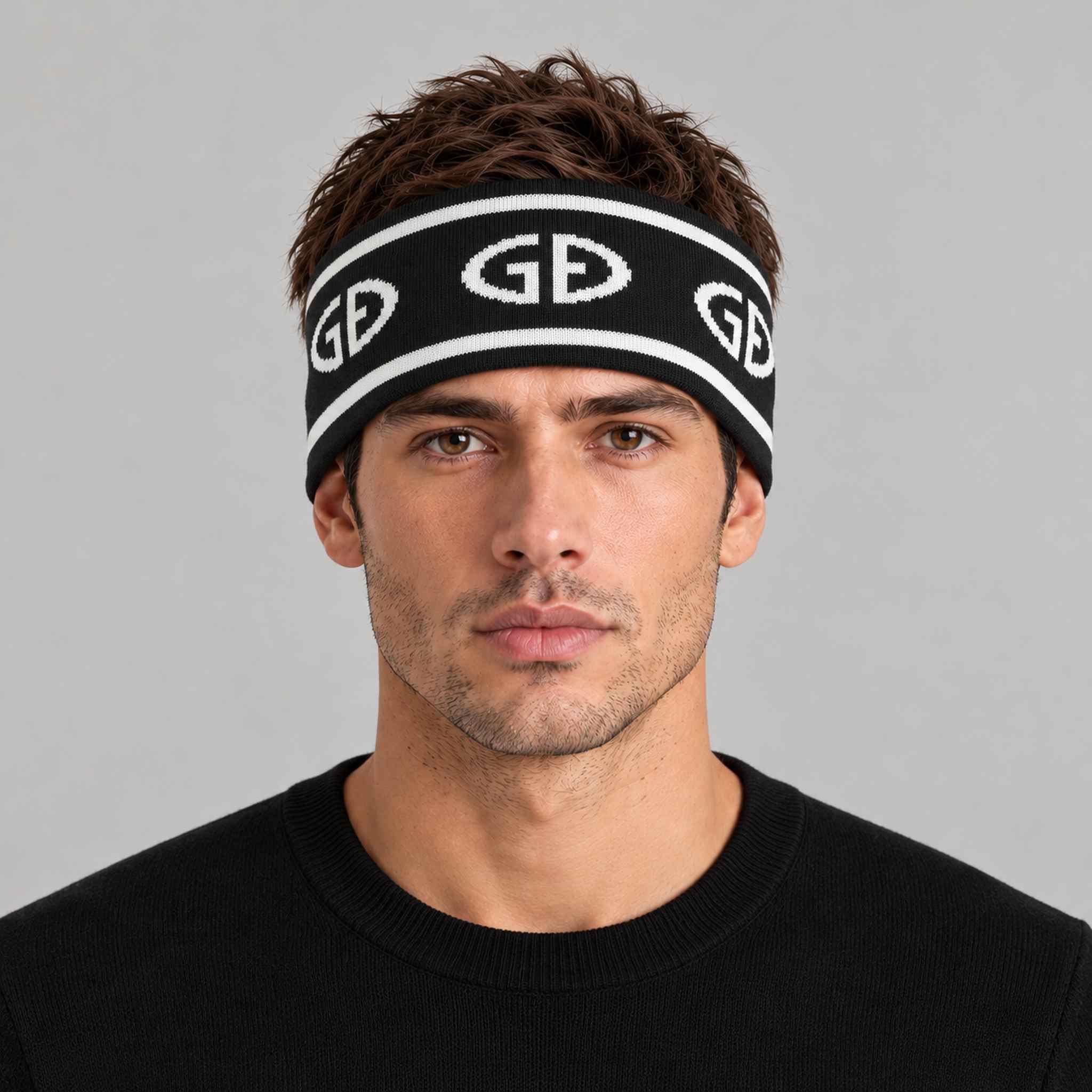 Goldbergh Tiara Headband in Black in Black White — mens front. AI-generated from manufacturer reference photographs.