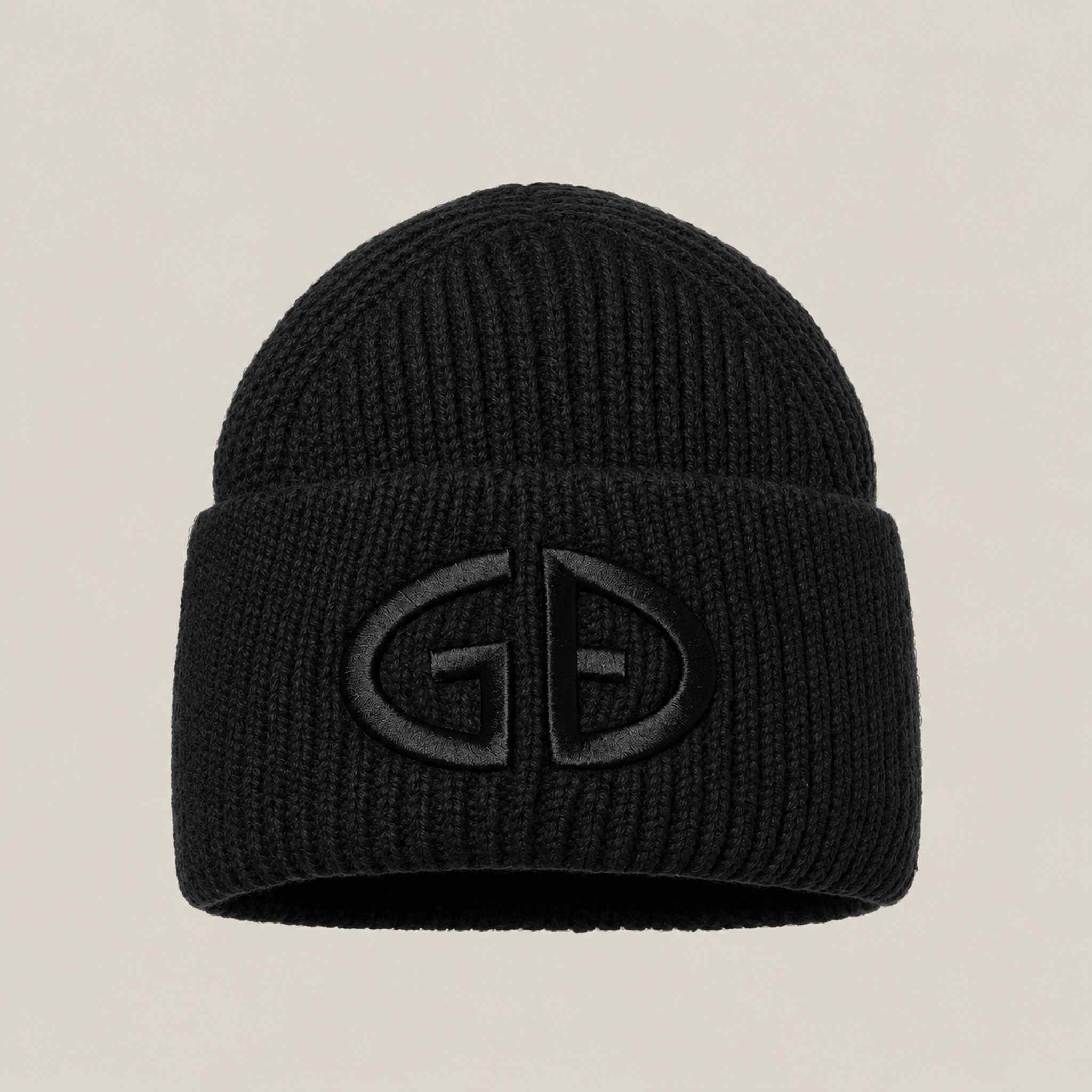 Goldbergh Valerie Beanie in Black in Black — front. AI-generated from manufacturer reference photographs.