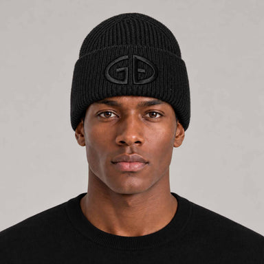 Goldbergh Valerie Beanie in Black in Black — mens front. AI-generated from manufacturer reference photographs.