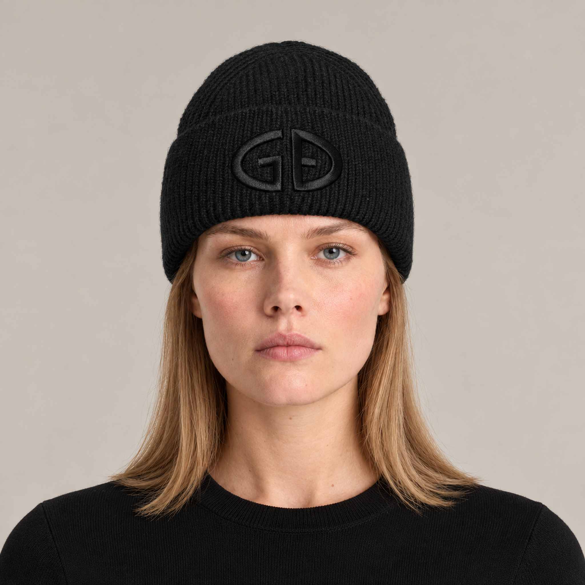 Goldbergh Valerie Beanie in Black in Black — womens front. AI-generated from manufacturer reference photographs.