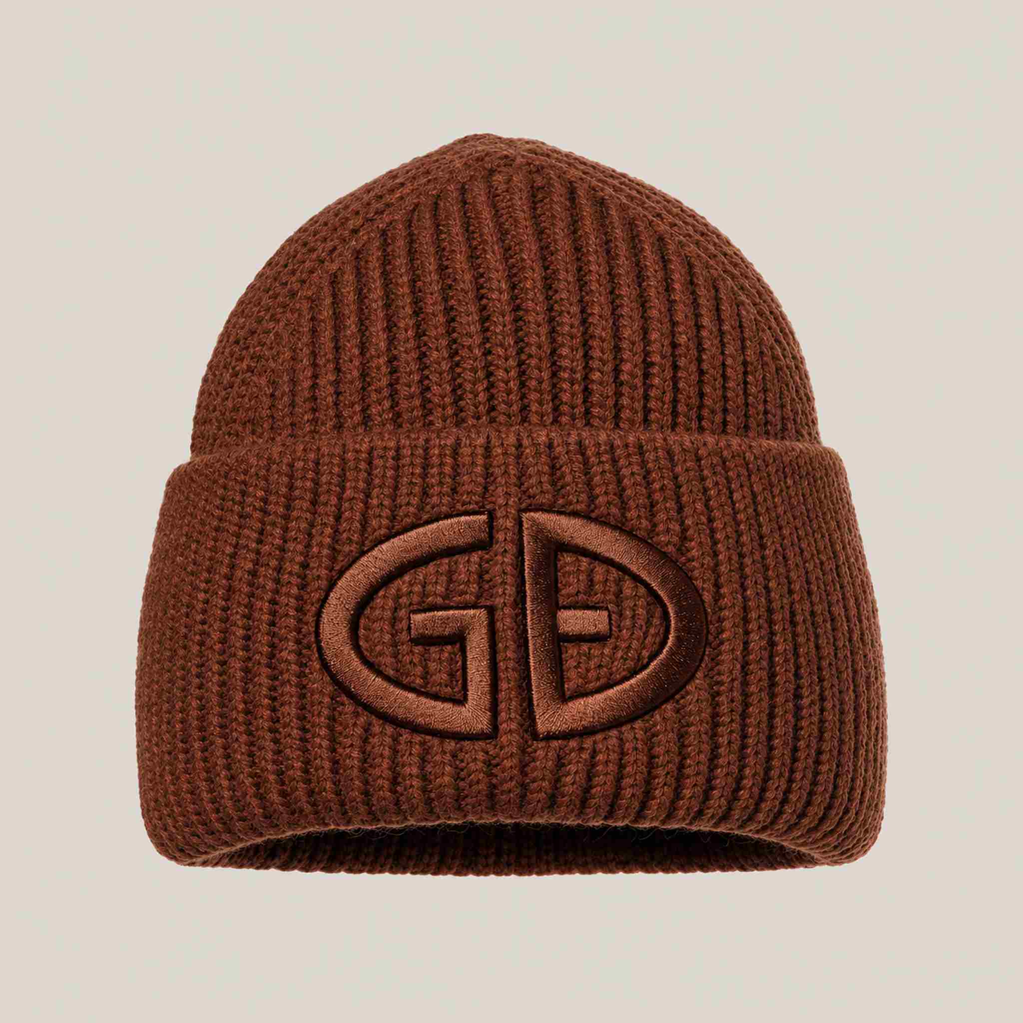 Goldbergh Valerie Beanie in Deep Mocha in Deep Mocha — front. AI-generated from manufacturer reference photographs.
