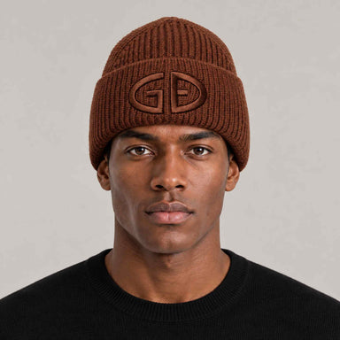 Goldbergh Valerie Beanie in Deep Mocha in Deep Mocha — mens front. AI-generated from manufacturer reference photographs.