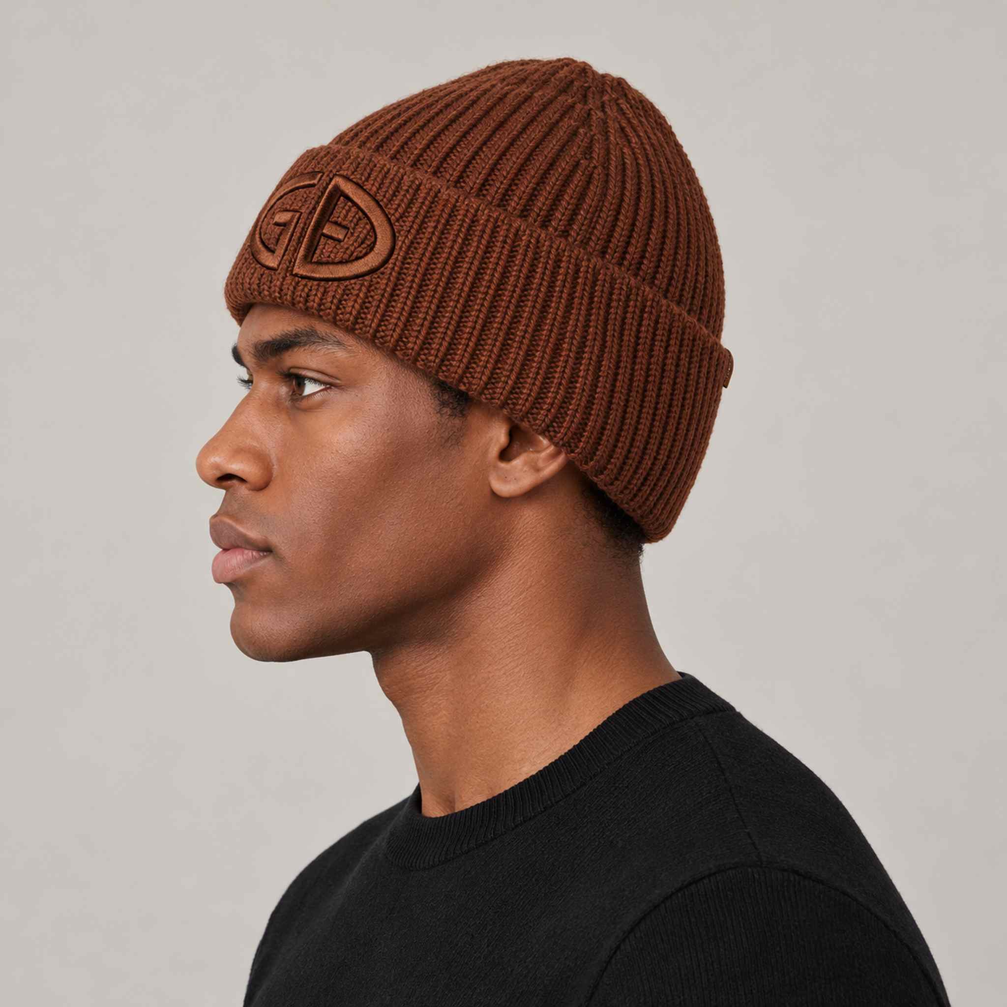 Goldbergh Valerie Beanie in Deep Mocha in Deep Mocha — mens side. AI-generated from manufacturer reference photographs.