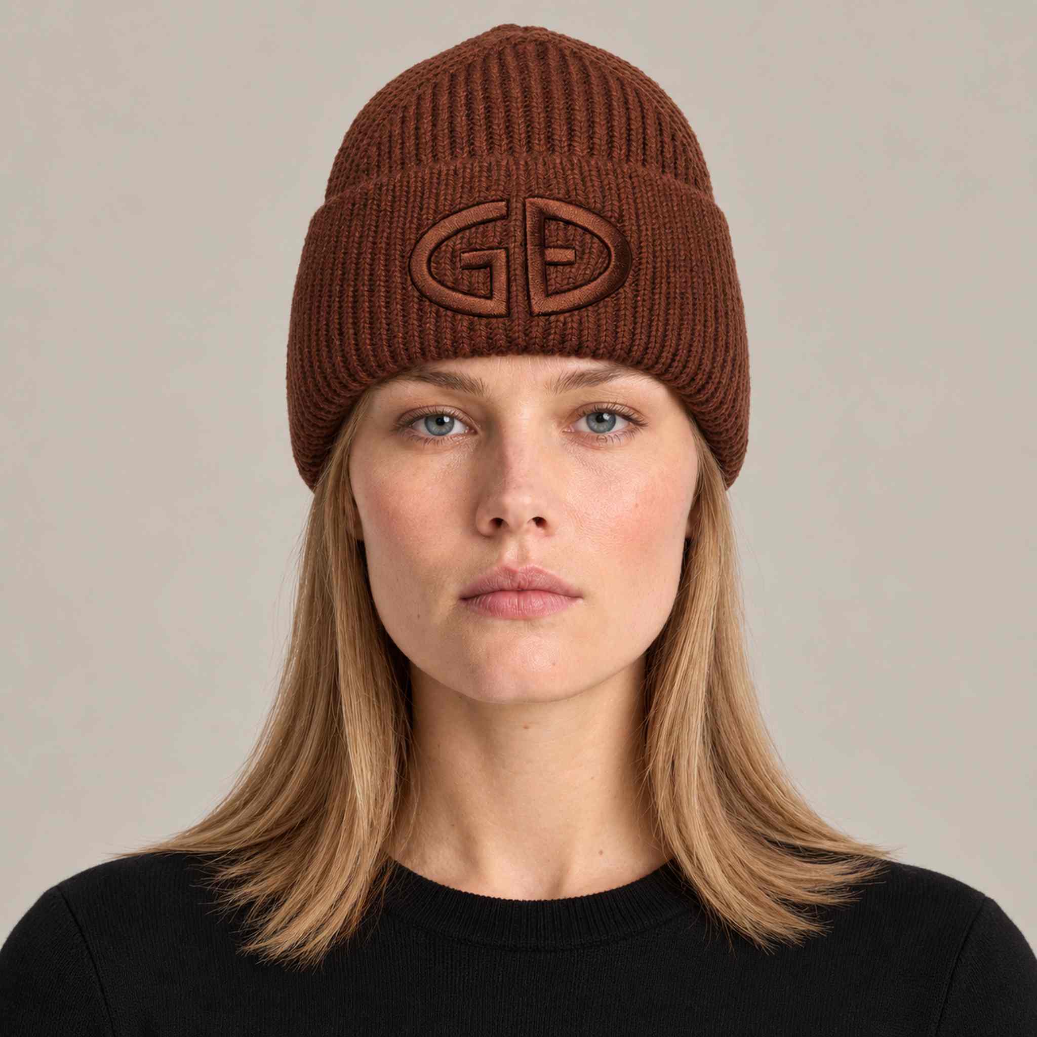 Goldbergh Valerie Beanie in Deep Mocha in Deep Mocha — womens front. AI-generated from manufacturer reference photographs.