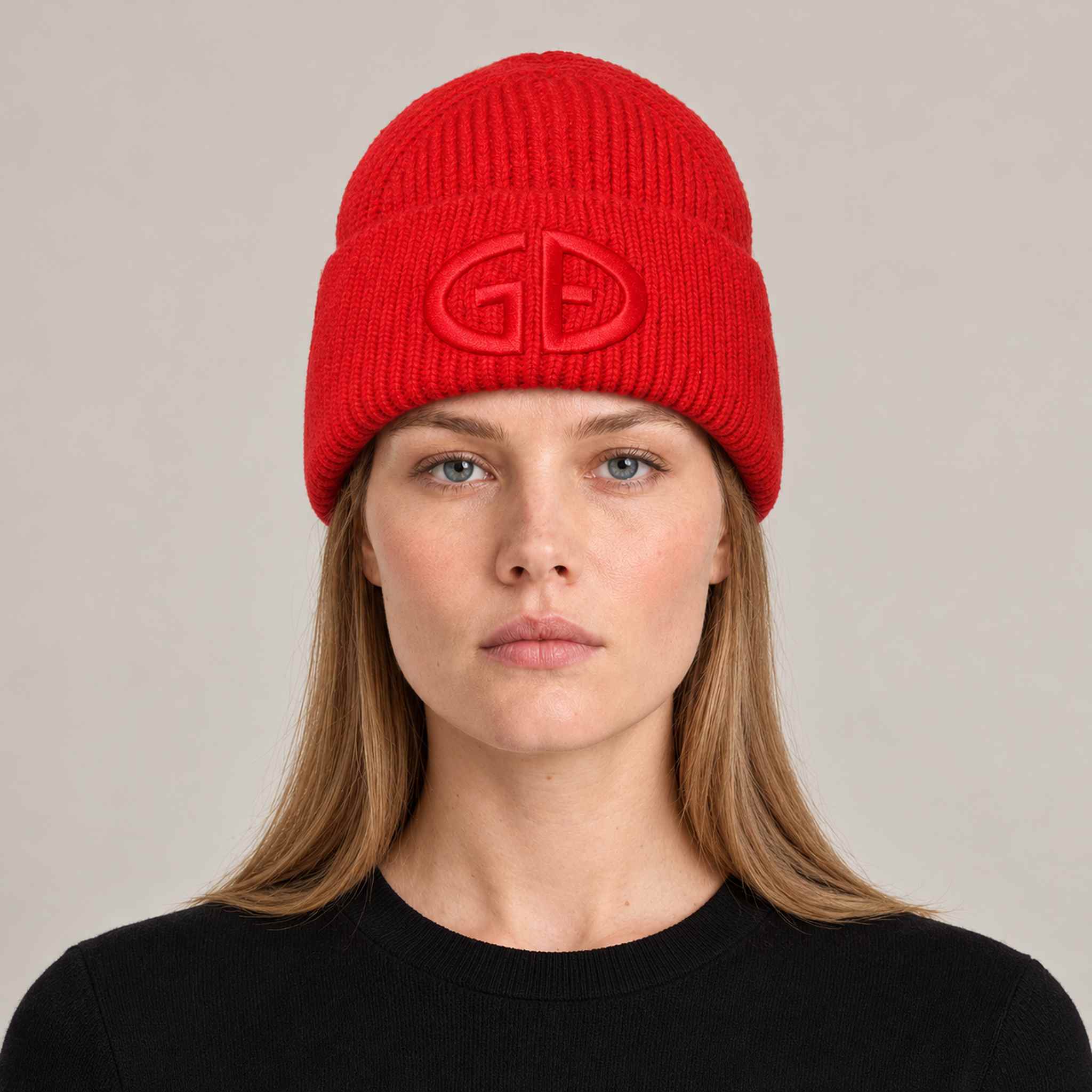 Goldbergh Valerie Beanie in Flame in Flame — womens front. AI-generated from manufacturer reference photographs.
