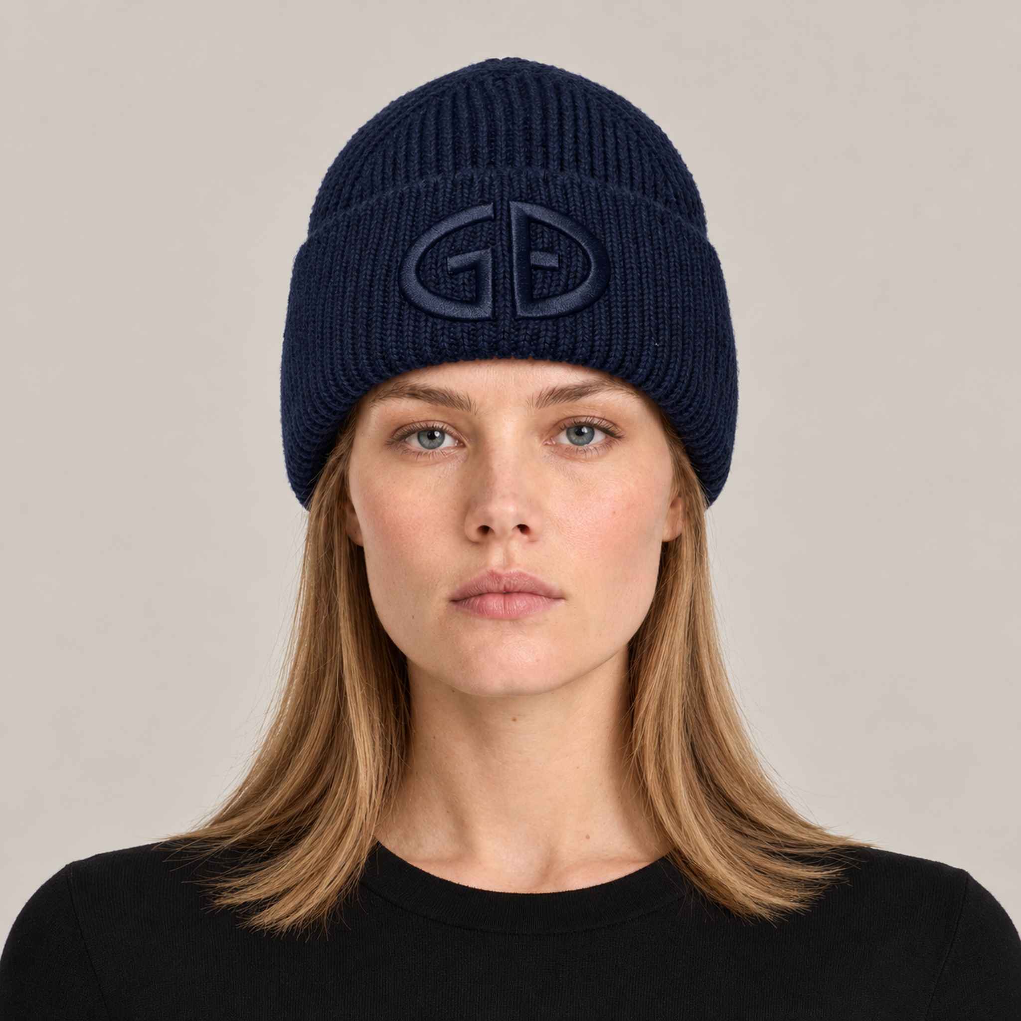 Goldbergh Valerie Beanie in French Blue in French Blue — womens front. AI-generated from manufacturer reference photographs.