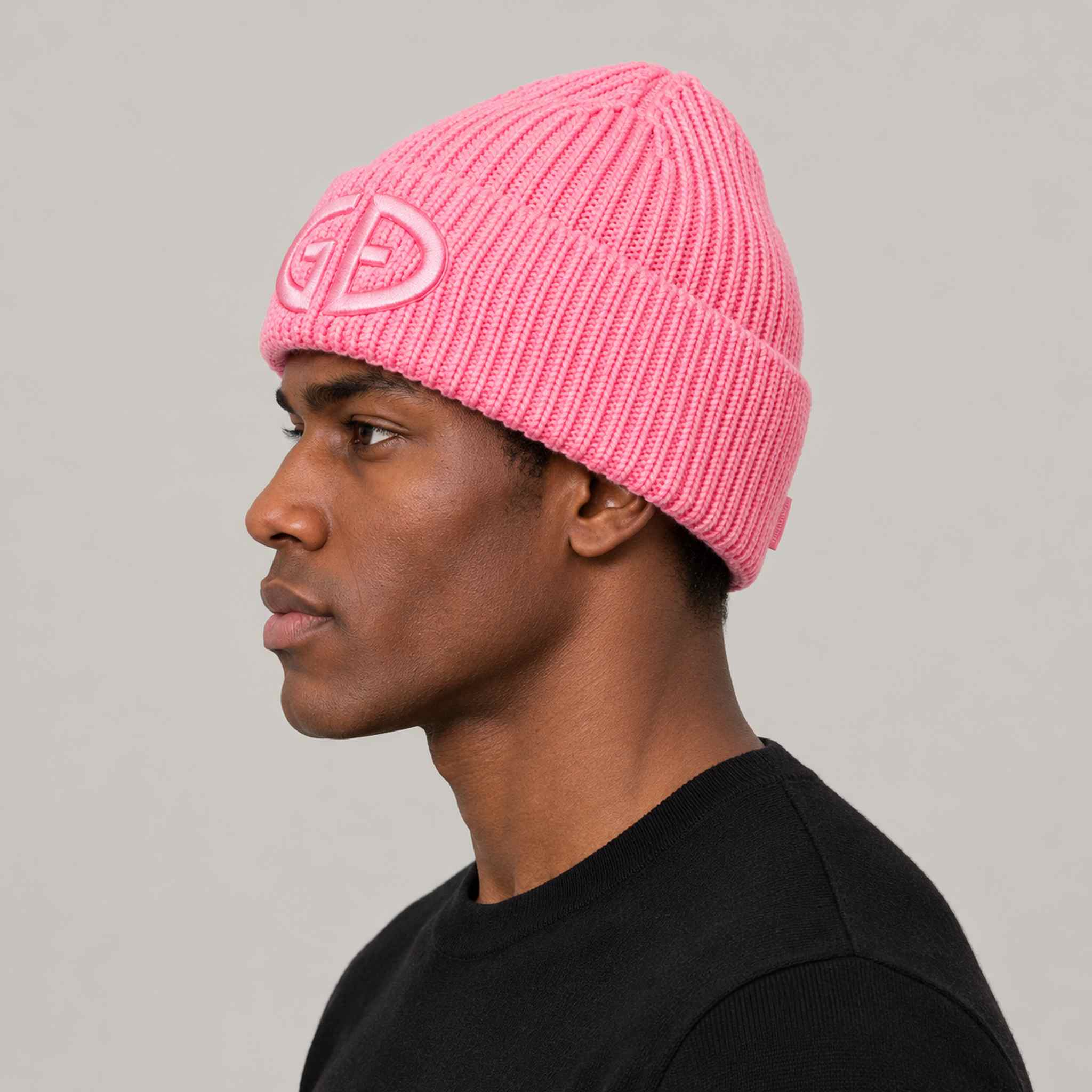 Goldbergh Valerie Beanie in Pink Cosmos in Pink Cosmos — mens side. AI-generated from manufacturer reference photographs.
