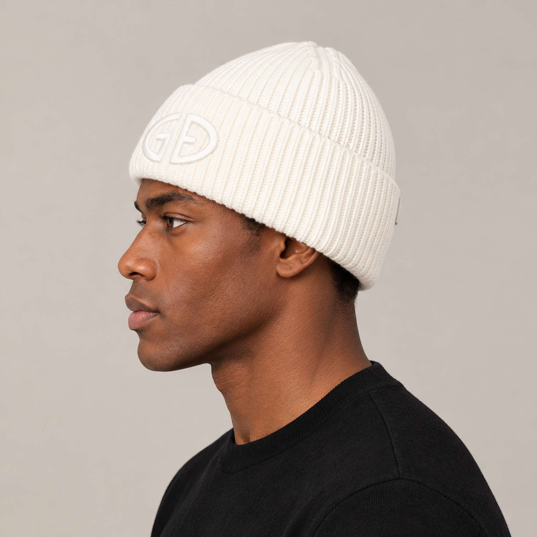Goldbergh Valerie Beanie in Snow White in Snow White — mens side. AI-generated from manufacturer reference photographs.