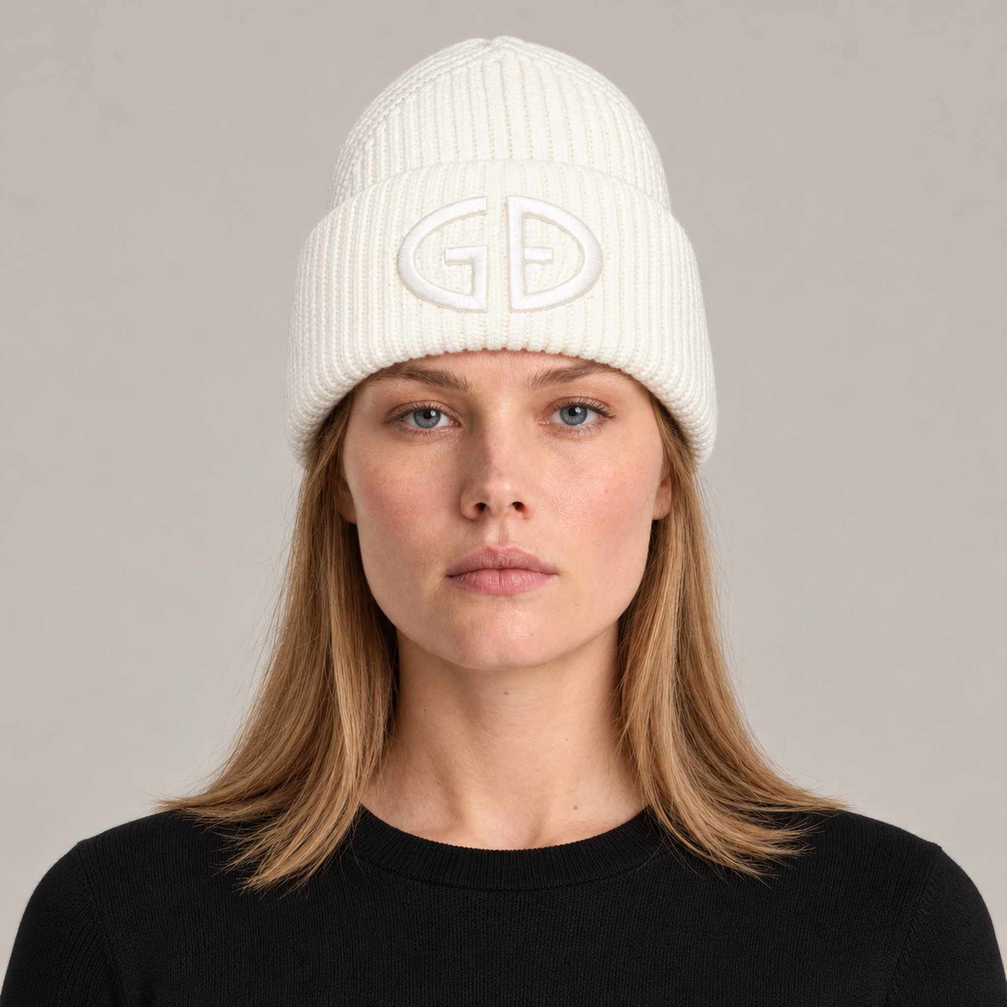 Goldbergh Valerie Beanie in Snow White in Snow White — womens front. AI-generated from manufacturer reference photographs.