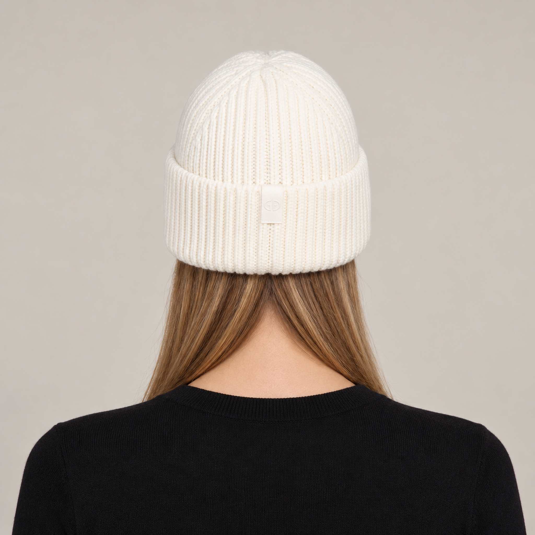 Goldbergh Valerie Beanie in Snow White in Snow White — womens back. AI-generated from manufacturer reference photographs.