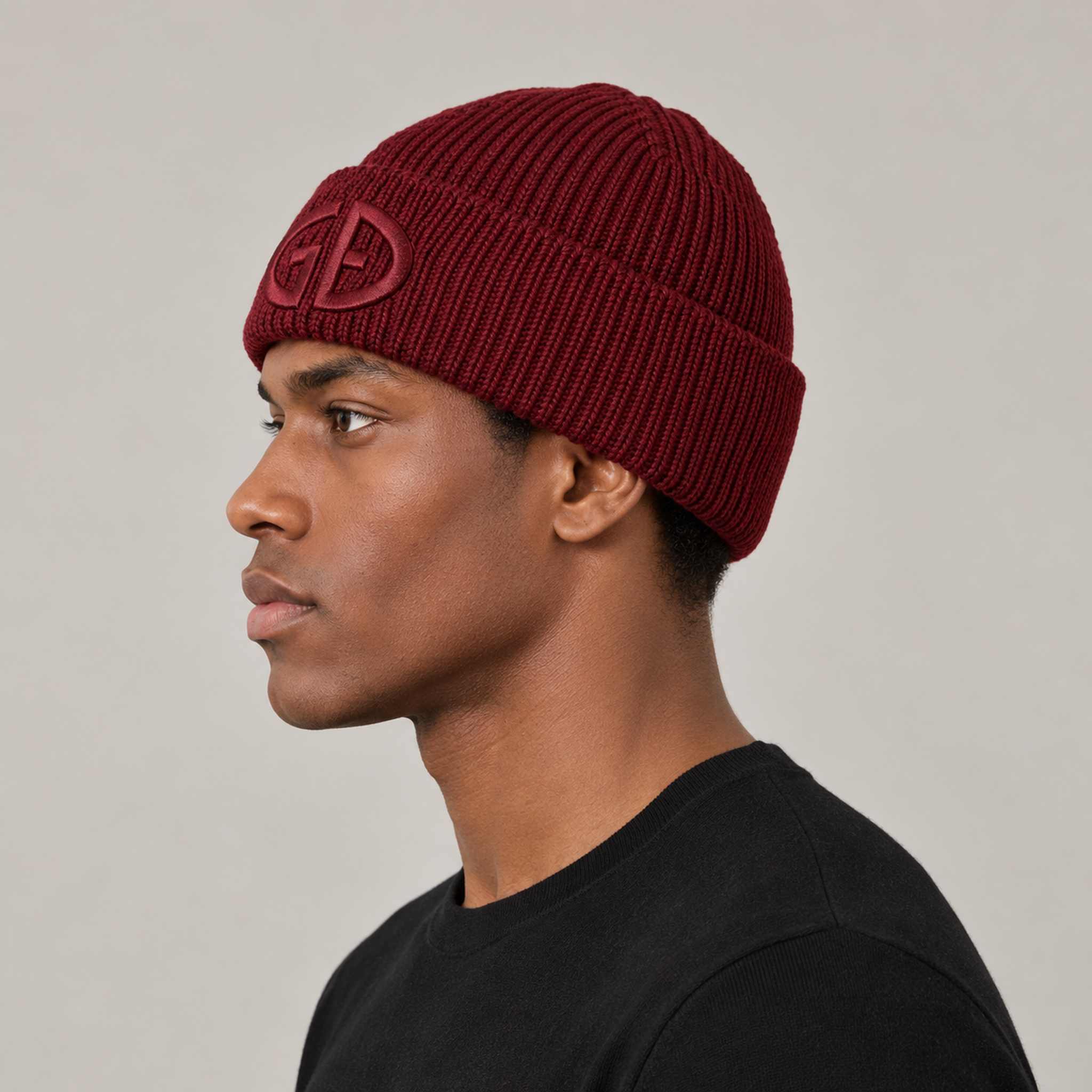 Goldbergh Valerie Beanie in Vino Rosso in Vino Rosso — mens side. AI-generated from manufacturer reference photographs.