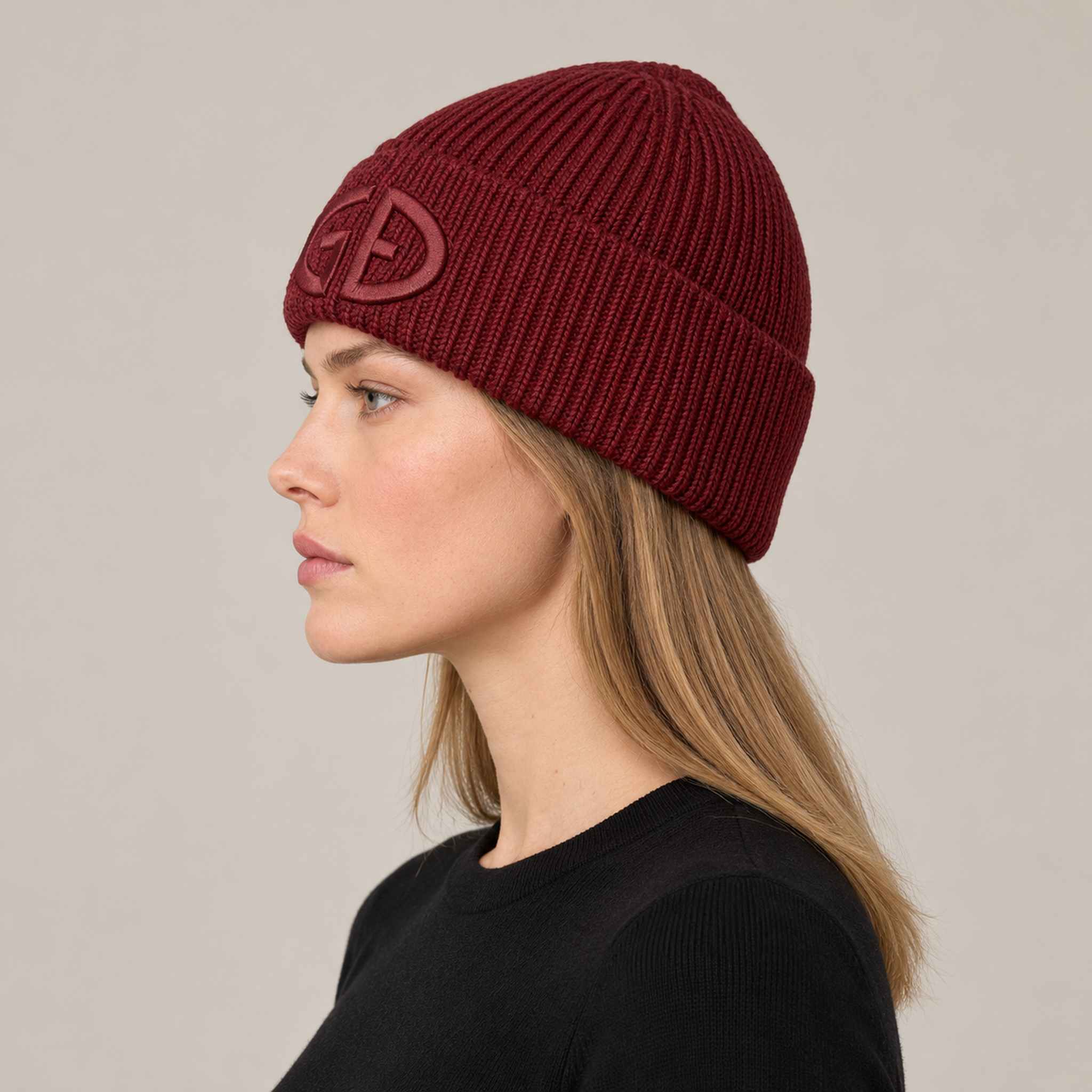 Goldbergh Valerie Beanie in Vino Rosso in Vino Rosso — womens side. AI-generated from manufacturer reference photographs.