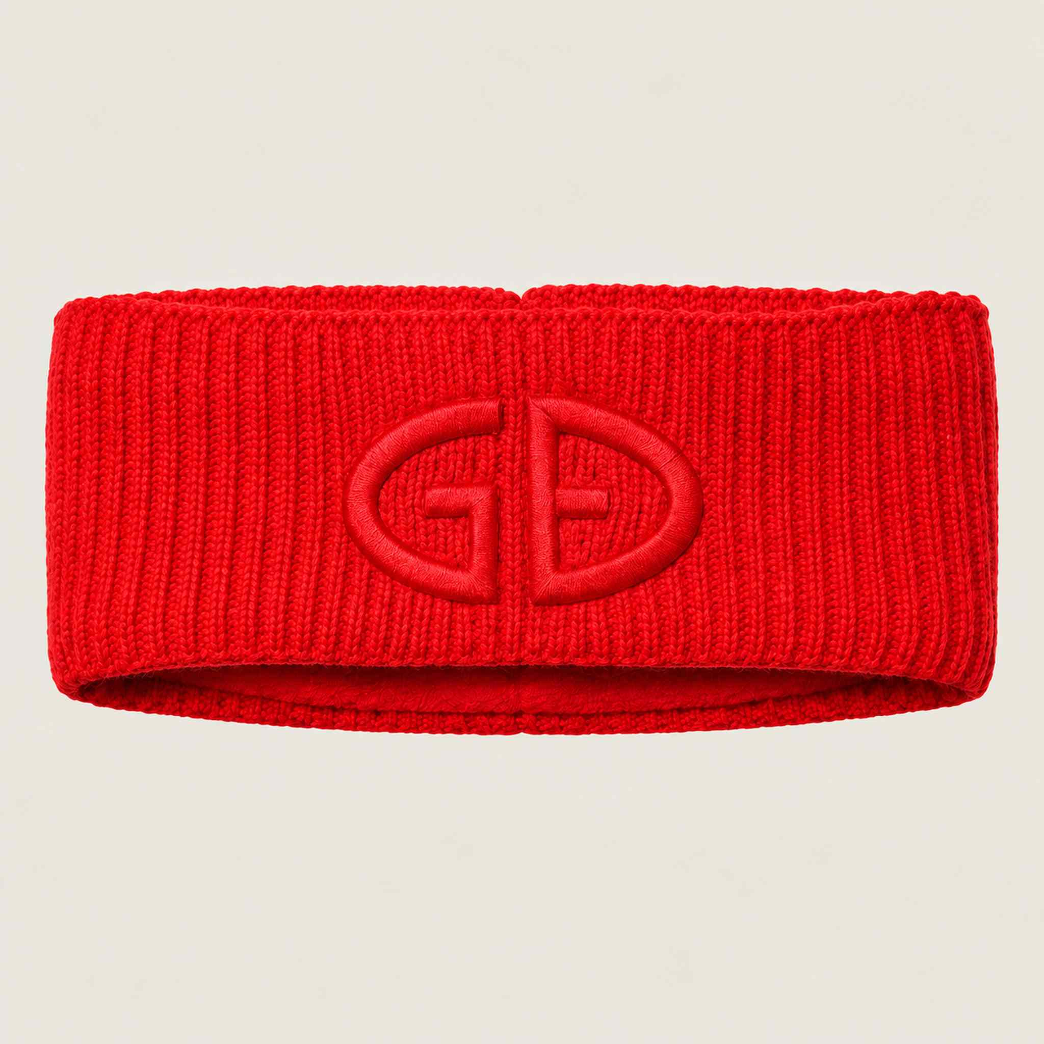 Goldbergh Warmth Headband in Flame Red in Flame — front. AI-generated from manufacturer reference photographs.