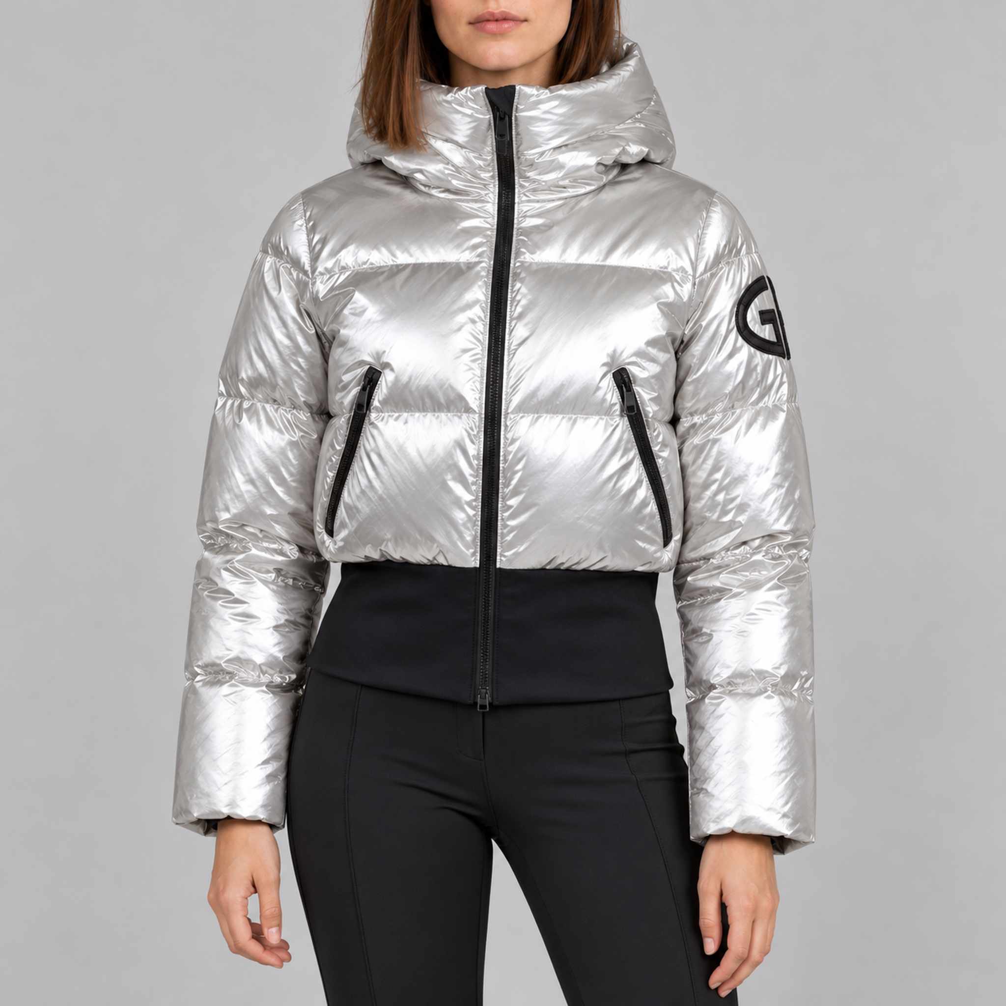 Goldbergh womens Bombardino Ski Jacket in Silver (Silver) - model front. AI-generated from manufacturer imagery.