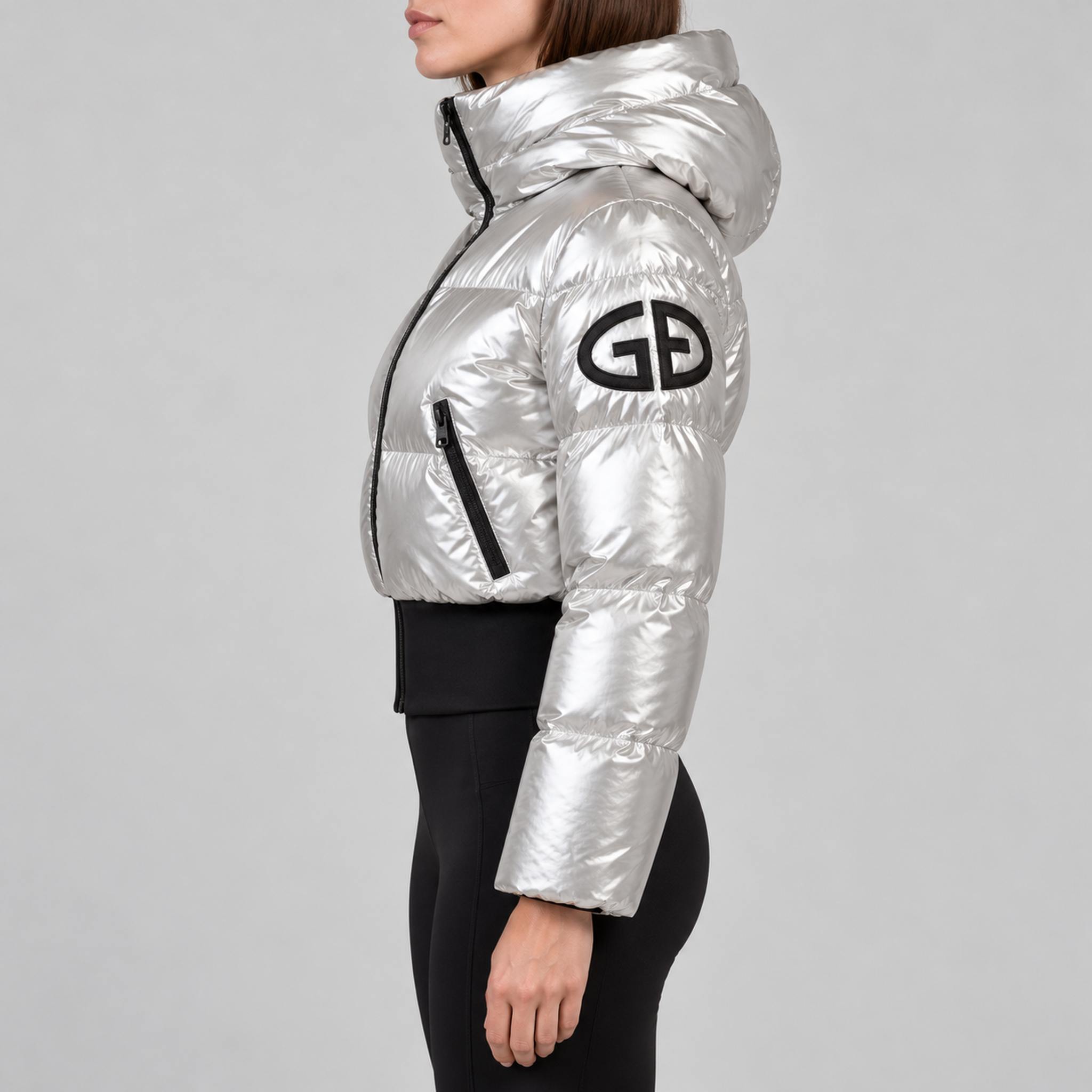 Goldbergh womens Bombardino Ski Jacket in Silver (Silver) - model side. AI-generated from manufacturer imagery.