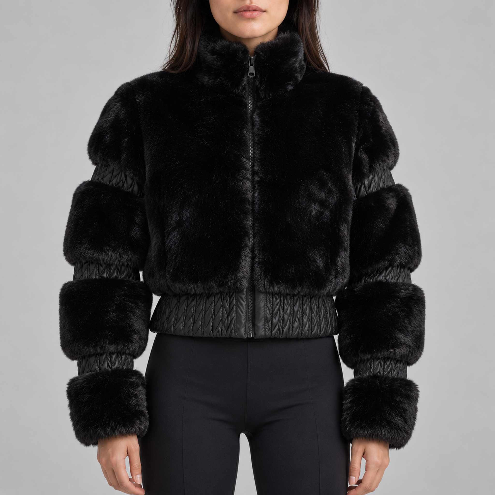 Goldbergh womens Furry Ski Jacket (Black) - model front. AI-generated from manufacturer imagery.